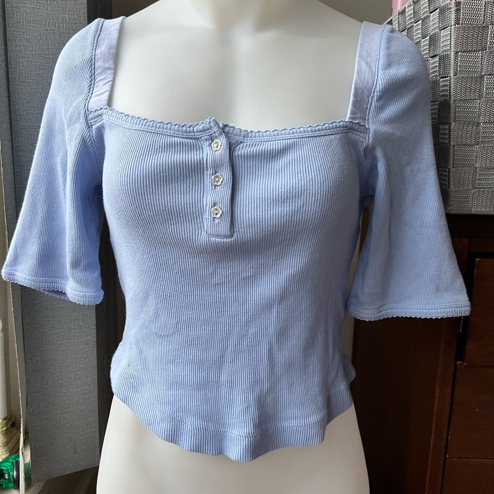 UO Light Blue Women's Square Neck Ribbed Button-Front Top